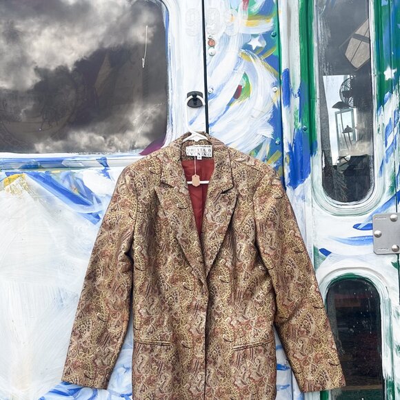 70s Vintage Gold Paisley Coat Unisex Chetta B Evening - Picture 2 of 14